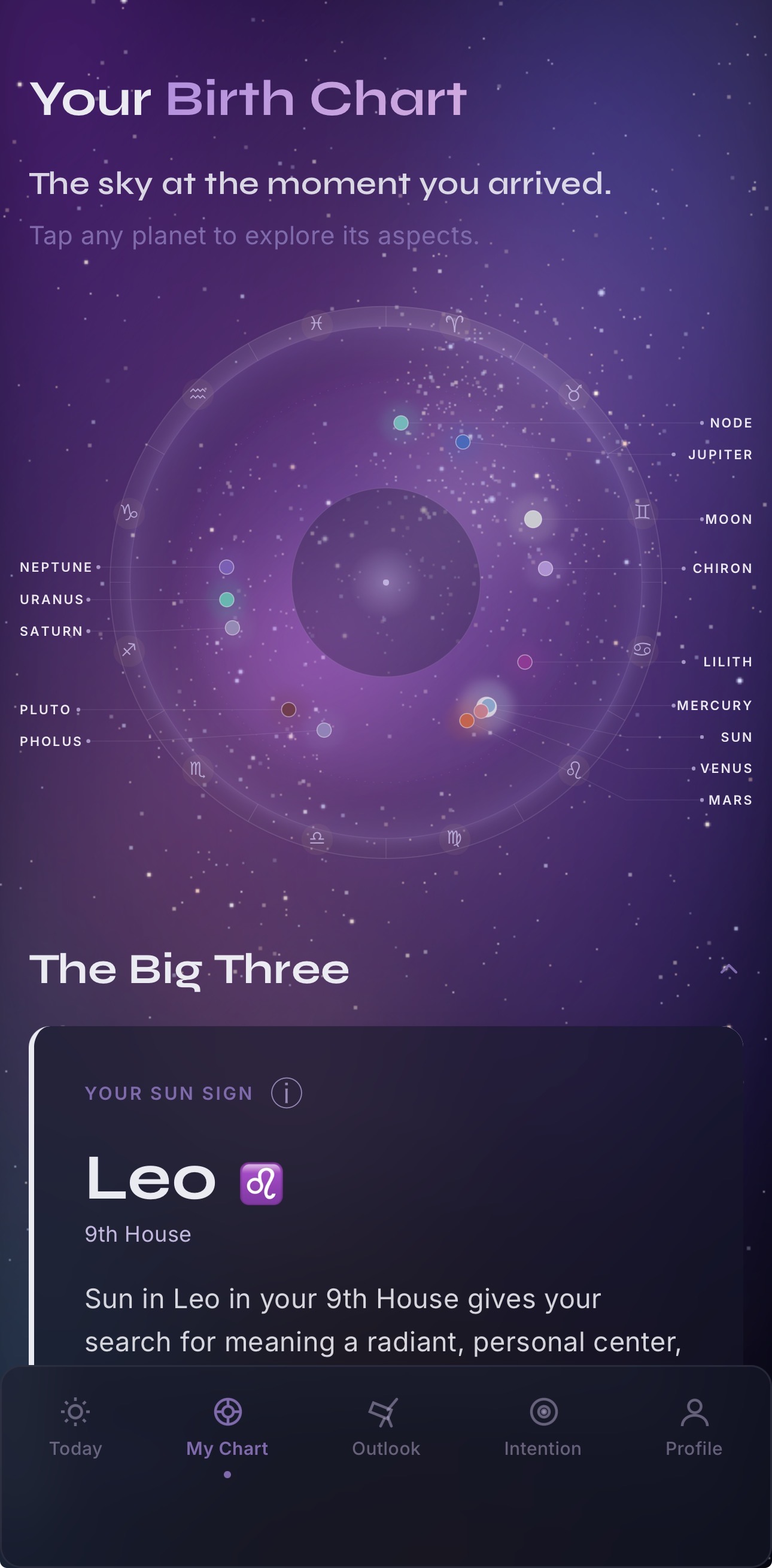 STELLWAY birth chart screen with the planetary wheel