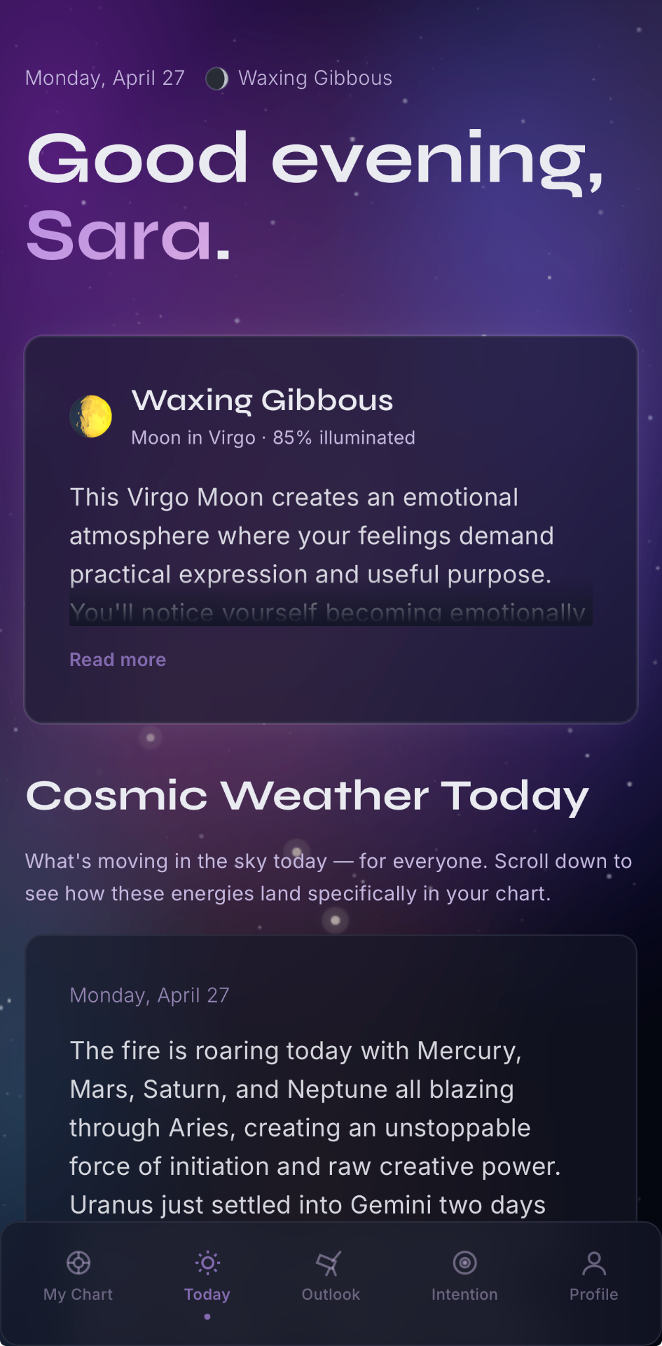STELLWAY Today screen with Moon phase